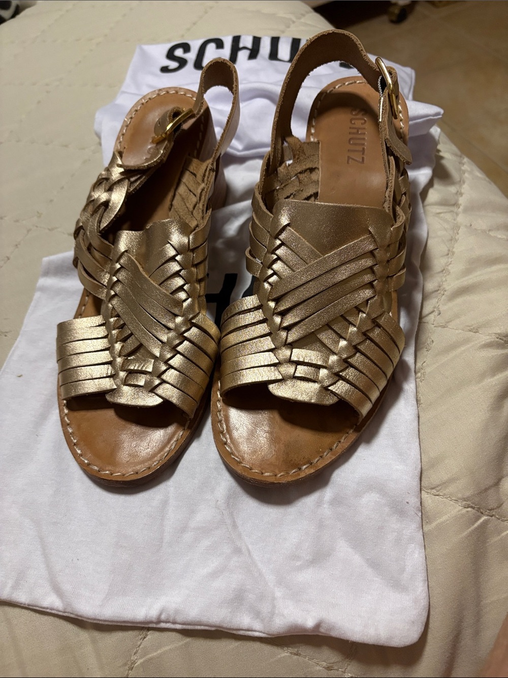 SCHUTZ Metallic Gold Braided Leather Slingback Sandals